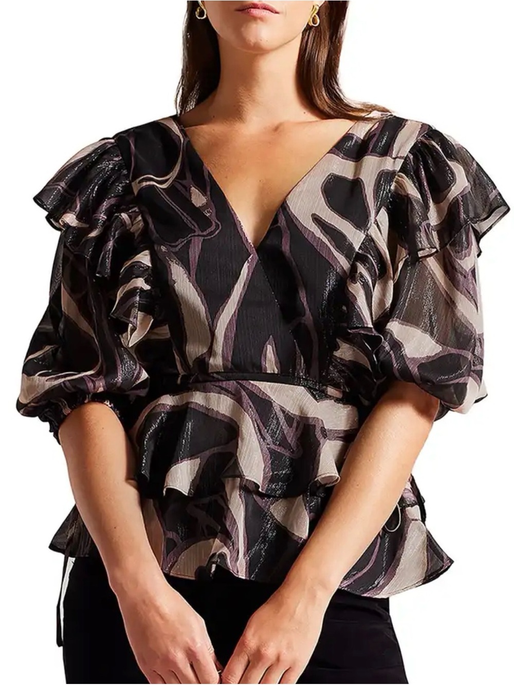 Ted Baker Jasmyna Black Blush Print Ruffle Wrap Top with waist & back ties